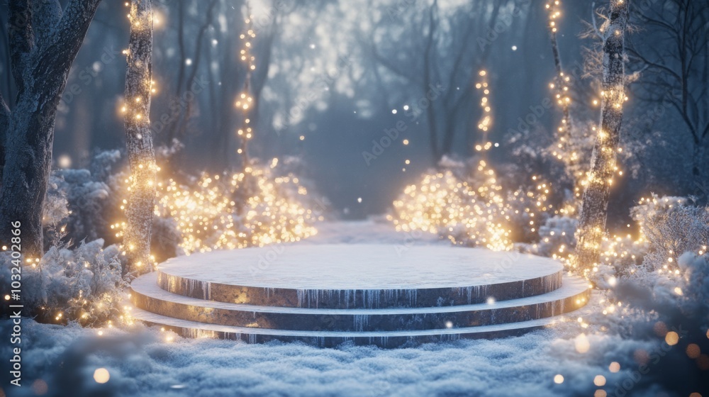 Aufkleber a tranquil winter night unfolds in a snowy forest, where twinkling lights hang from trees, casting a