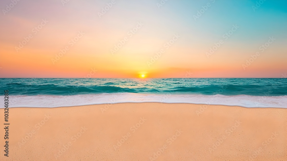 Poster peaceful and tranquil golden hour beach scene with calm ocean waves and a bright sun setting on the 