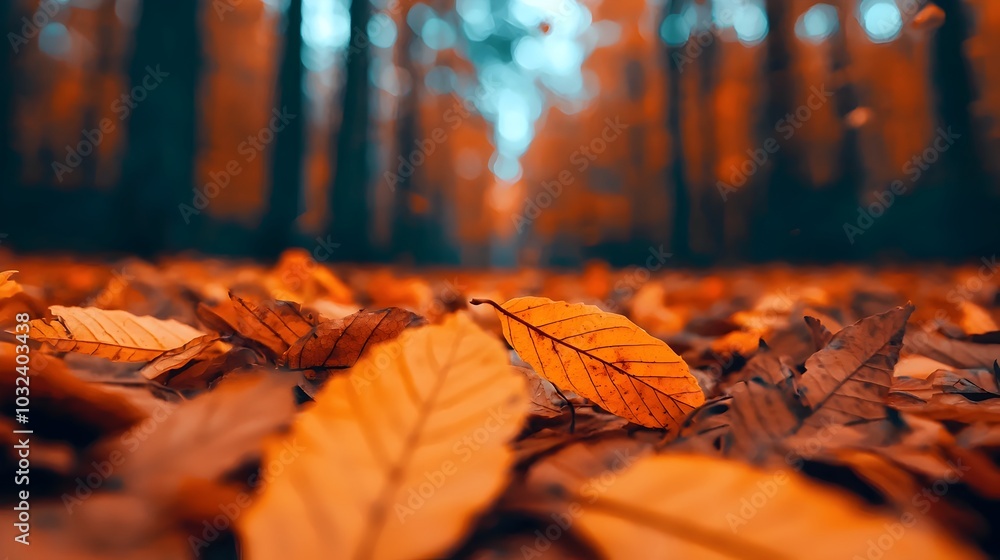 Poster breathtaking wide angle view of a serene autumn forest landscape with vibrant red and orange leaves 
