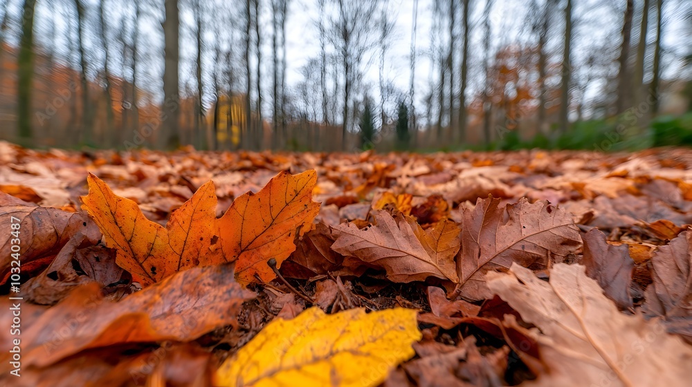 Poster Breathtaking wide angle shot of a serene autumn forest landscape with vibrant red and orange leaves gently falling from the trees creating a picturesque and tranquil natural scenery
