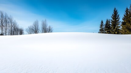 Vast breathtaking winter landscape featuring a snow covered field towering pine trees in the distance and a clear bright blue sky above  This serene picturesque scene evokes a sense of tranquility