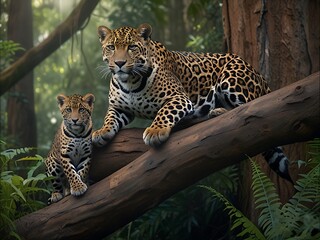 Fototapeta premium A jaguar and a cub sits on a tree branch.