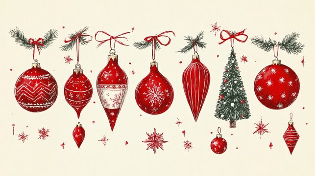 The image depicts a collection of hand-drawn red Christmas ornaments with white snowflakes and a small pine tree with red berries decorated with red bows on a cream background The