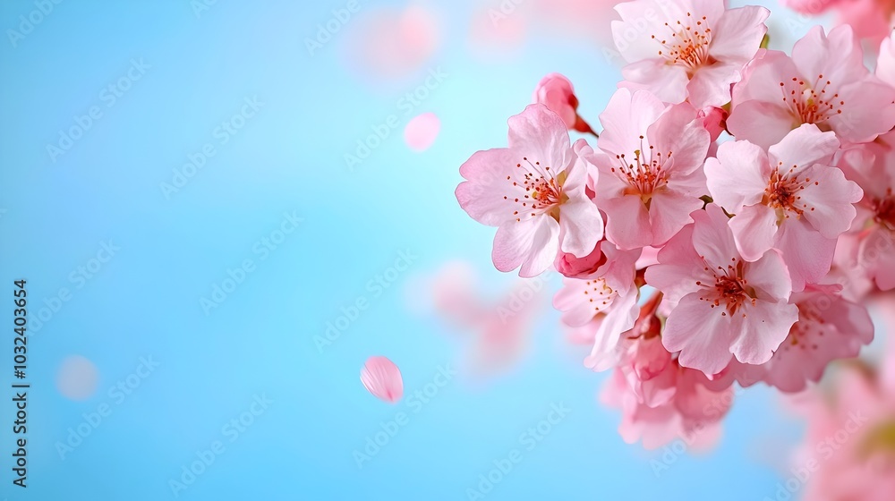 Poster blossoming cherry tree in full bloom with delicate pink petals falling in the gentle spring breeze o