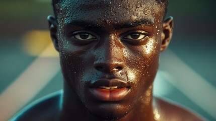 A striking close-up portrait captures the intense and focused expression of a man, with beads of water glistening on his skin, showcasing strength and determination.