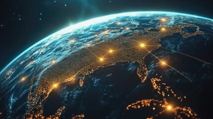 Obraz premium Holographic globe with network nodes, world connection, international business