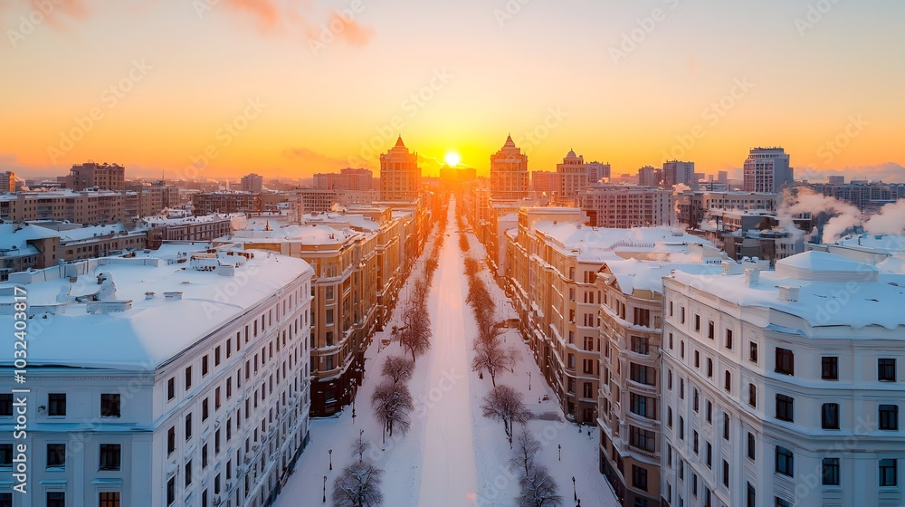 Poster serene and captivating winter cityscape at dusk with snow covered rooftops and warm glowing lights e