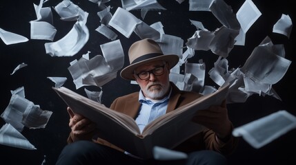 Obraz premium An elderly man in a hat immersed in a book as pages swirl around him in a dark, dramatic setting