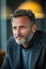 Obraz premium The image depicts a stylish mature man in a dark tweed jacket. He sits calmly, emanating wisdom and introspection in softened light, adding depth to his thoughtful expression.