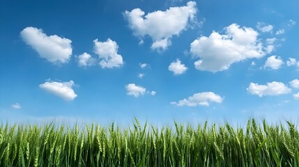 Fototapeta premium Serene summer wheat field swaying gently in the wind with a clear blue sky and puffy white clouds overhead creating a peaceful and picturesque rural landscape scene