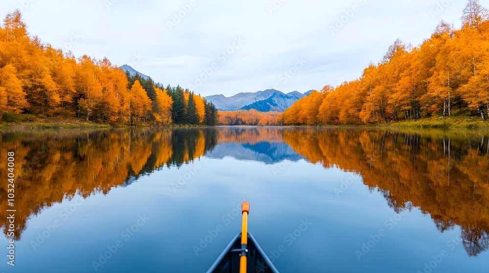 Poster Stunning autumn landscape featuring a tranquil river flowing through a forest of vibrant orange and yellow trees creating a peaceful and captivating natural scene
