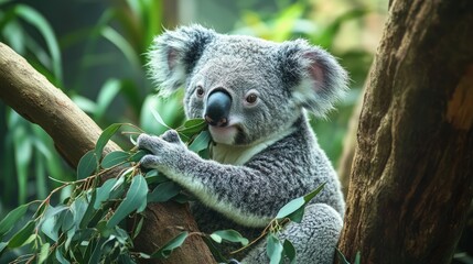 Obraz premium A cute koala bear sits in a eucalyptus tree, eating leaves.