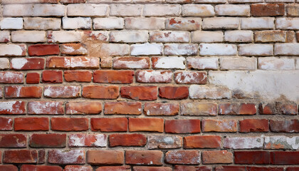 Obraz premium vintage brick wall with uneven, worn bricks in shades of red and brown, showing peeling