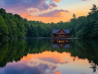 Fototapeta premium A cabin sits on a lake, surrounded by trees, as the sun sets casting reflections in the water.