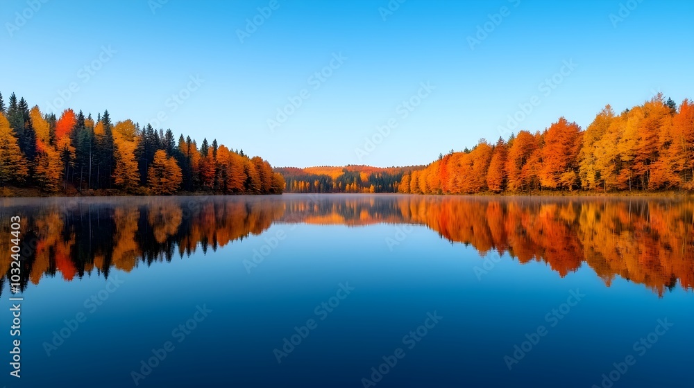 Aufkleber tranquil autumn lake reflecting the vibrant foliage of the surrounding forest with a soft morning mi