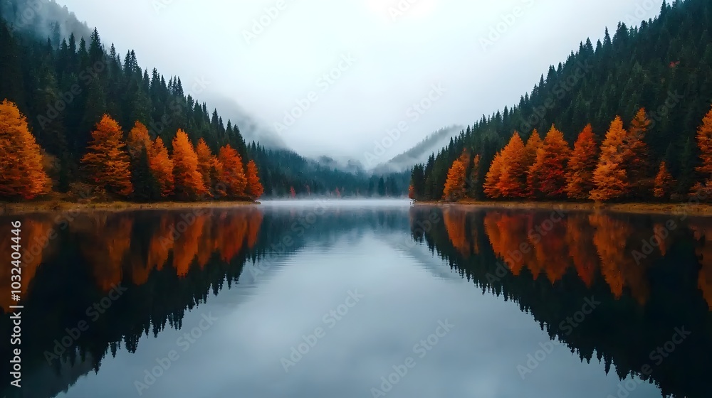 Poster A tranquil lake surrounded by an autumnal forest reflecting the soft morning mist on its still surface  The serene and picturesque scene creates a calming and atmospheric landscape