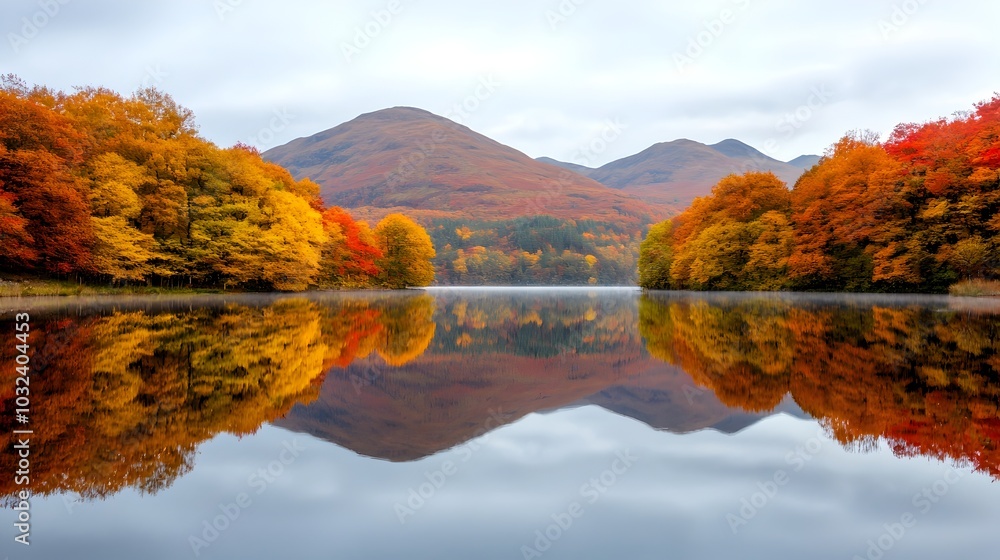 Poster tranquil and serene autumn landscape with a lake reflecting the vibrant fall foliage of the surround