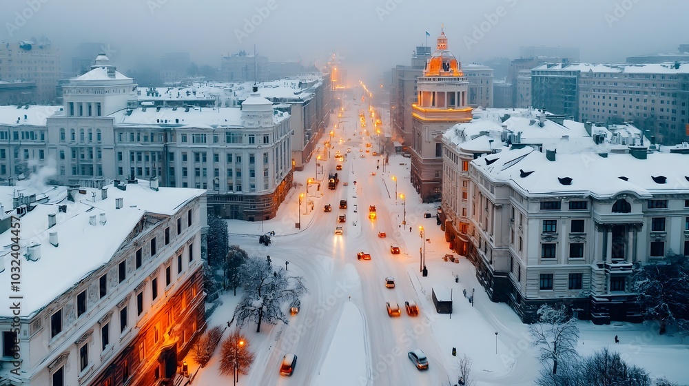 Poster enchanting winter cityscape at dusk with snow covered rooftops and warm glowing lights emanating fro