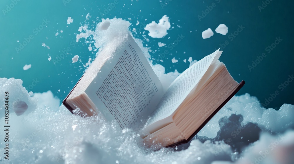 Aufkleber an open book surrounded by fluffy white clouds creating a dreamy atmosphere in a serene setting