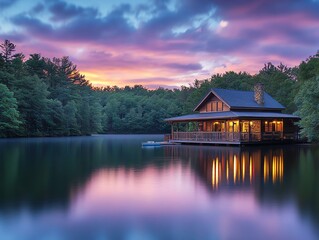 A wooden cabin sits on a lake at sunset, with a colorful sky and reflections in the water.