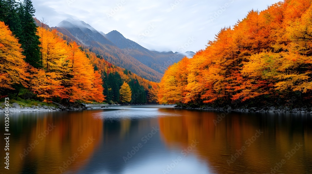 Poster Peaceful and serene golden autumn landscape with a calm river flowing through a forest of vibrant orange and yellow trees  Enchanting and inviting natural scenery with a cozy and soothing atmosphere