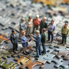 Miniature figurines discussing ideas on puzzle pieces surface