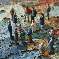 Miniature people figures gathered on a puzzle metaphor for society
