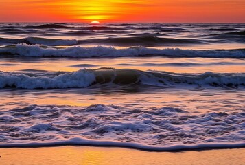 _. Autumn Sunset Waves Waves reflect the rich oranges and reds o