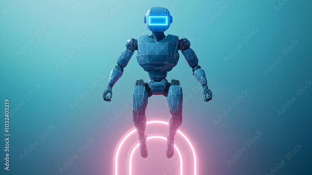 Aufkleber Polygonal Blue Robot Hovers Above a Neon Light Portal Showcasing a Low Poly Wireframe Look with Technology Innovation and Futuristic Tech Vibes  Digital Render of a Concept Design
