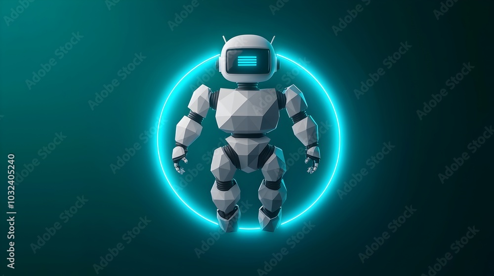 Poster enchanting 3d low poly robot with a delightful polygonal design hovering gracefully above a vibrant 