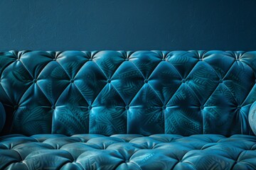 Fototapeta premium Minimalist interior design of modern living room. Stylish teal sofa against blank stucco wall with copy space