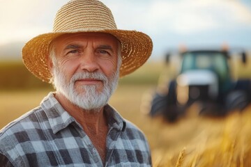 Fototapeta premium An elderly farmer with a warm smile and a plaid shirt, donning a straw hat, stands against the backdrop of a blurred tractor, capturing the essence of pastoral life.