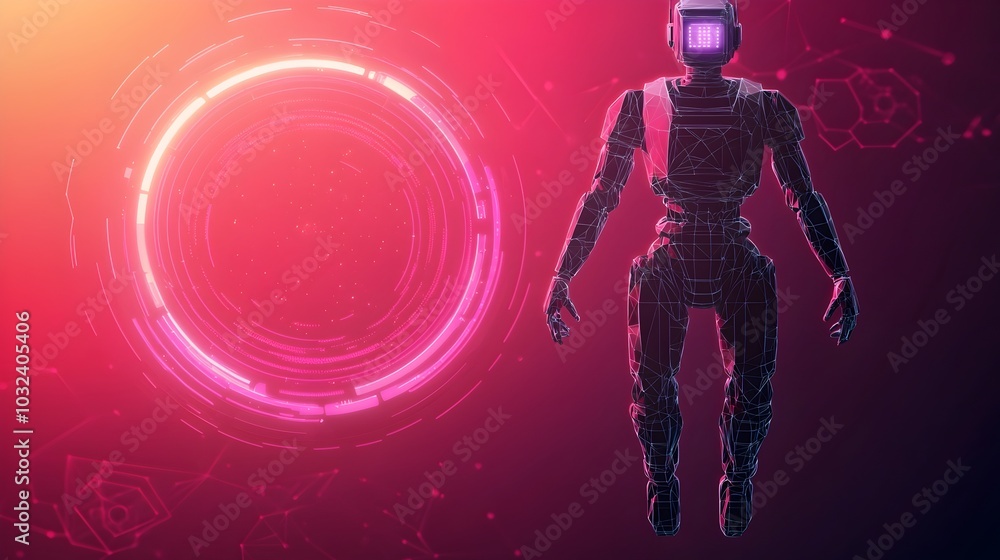 Poster futuristic 3d wireframe of an robot assistant floating over a neon portal with low poly digital tech