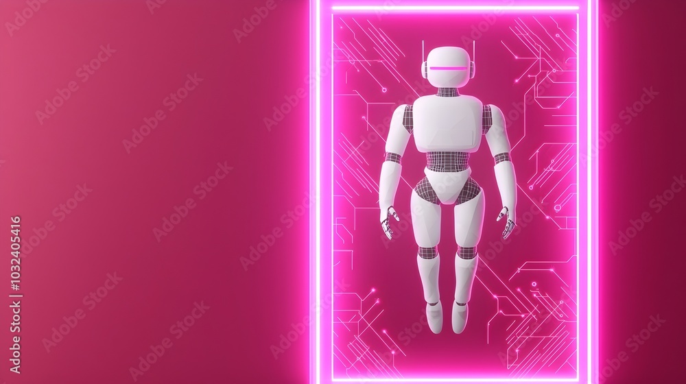 Leinwandbilder futuristic 3d robot assistant floating over a neon portal surrounded by low poly digital tech innova