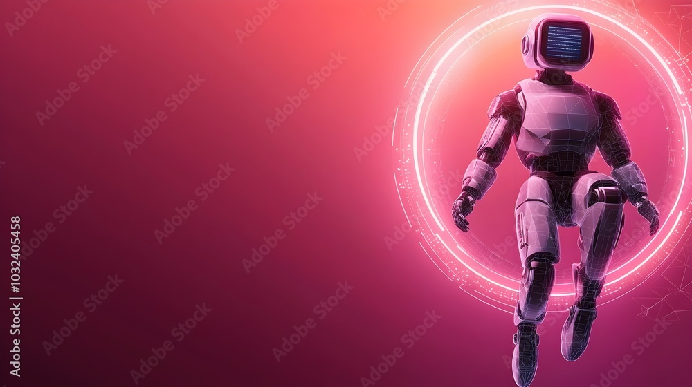 Poster Wireframe of a 3D robot assistant floating over a neon portal with futuristic low poly elements and a digital tech innovation background  Showcasing advanced intelligence machine learning