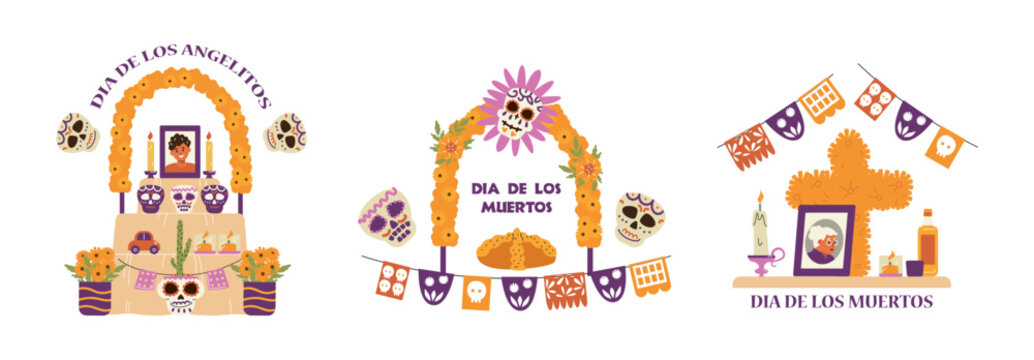 Funeral altar compositions vector set, sugar skulls with portrait, bread, candles, marigolds, Mexican Dia de los muertos