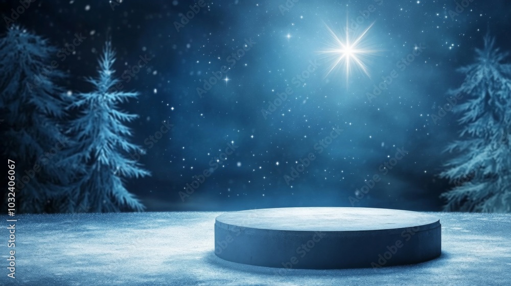 Aufkleber under a starlit sky, a softly glowing star illuminates a snowy platform in a tranquil winter landsca