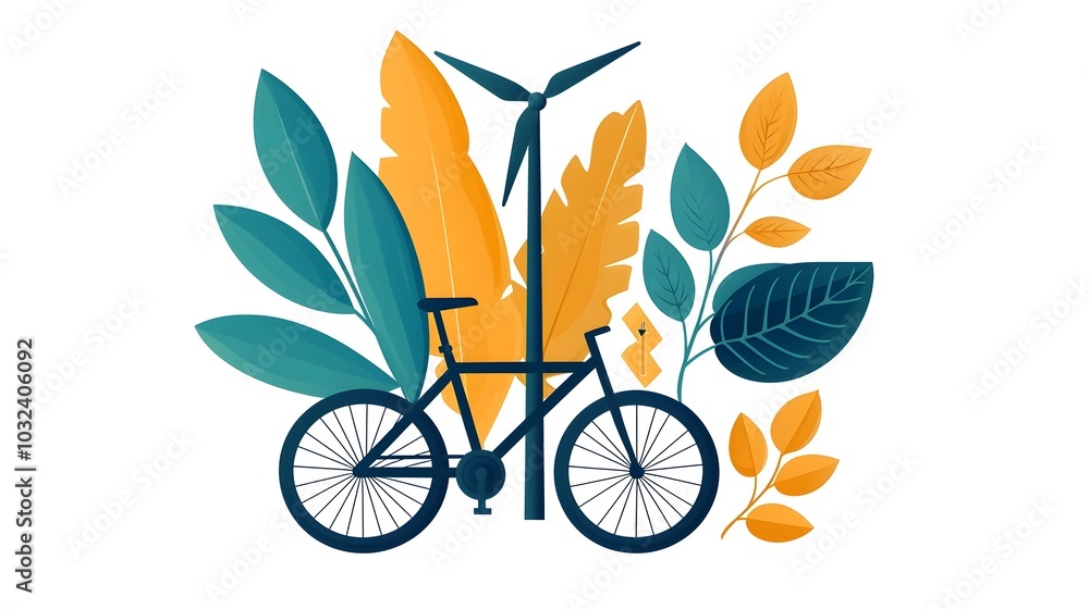 Poster comprehensive set of nature and sustainability icons featuring electric bikes wind power generators 