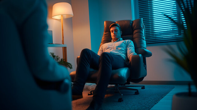 Young man undergoing a modern hypnotherapy session in a futuristic laboratory setting, supervised by a specialist in a cozy environment.