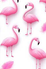 Fototapeta premium Colorful pink flamingos and feathers against a white background create a vibrant pattern