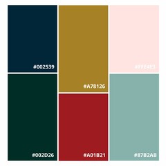 Six Christmas, winter colors, a collection of vector color palettes with RGB codes. Fashion concept, brand layout. A guide to tone and color. Various color solutions.