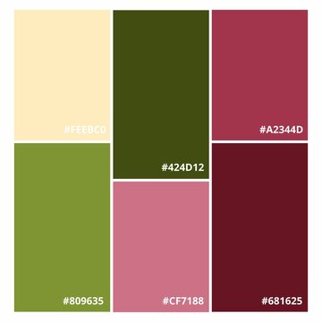 Six Christmas, winter colors, a collection of vector color palettes with RGB codes. Fashion concept, brand layout. A guide to tone and color. Various color solutions.