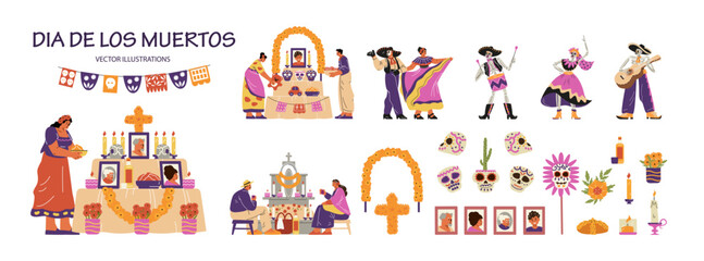 Death Day holiday in a vector set with an altar, skulls and offerings, cemetery, dancers