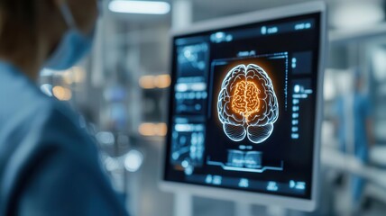 A healthcare professional examines a brain scan displayed on a monitor, showcasing brain activity with visual highlights.