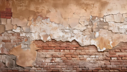 Ancient plaster wall with cracked paint in faded beige and brown tones