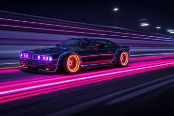 Obraz premium Vintage synthwave car design, with glowing rims cruising along a vibrant road