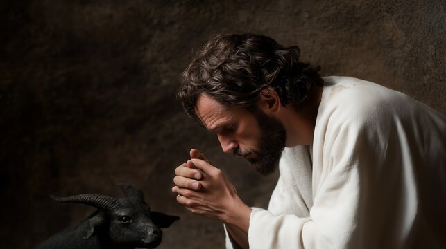 A solemn moment of reflection between a man and a goat in a dimly lit space
