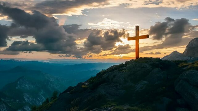 Radiant cross on mountain with stunning sky. Resurrection and hope.