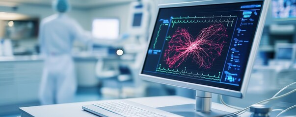 A computer screen displays intricate data visualizations in a modern medical facility, with a healthcare professional in the background.