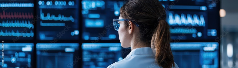 Poster a scientist analyzes data on multiple screens, showcasing technology and research in a modern labora